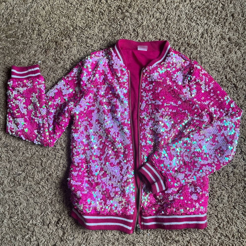 Girls Pink Sequin Bomber Jacket